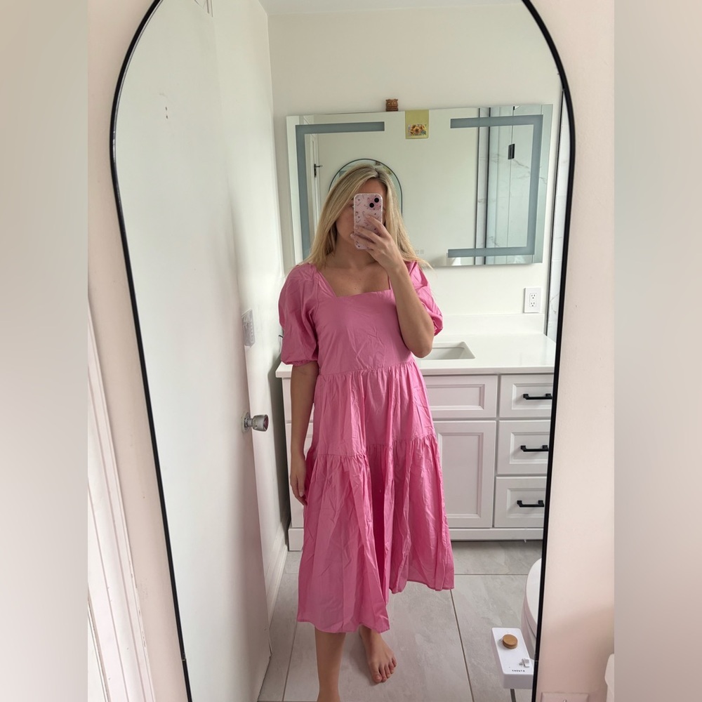 Moon River Pink Open Back Puff Sleeve Midi Dress - Picture 10 of 12